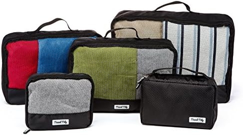 Packing Cubes – 5 Pack – Includes 1x Large, 2X Medium and 1x Small Cube Plus 1x Toiletry Bag with Hanger. Travel Organiser Perfect for Suitcases, Backpacks and Carry On Bags