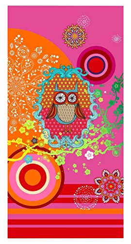 Hip 4735-H Kinder Strandtuch, rosa mit farbigen Figuren und eine Eule, 150 x 75 x 0,5 cm, mehrfarbig