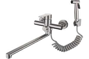 HomeLava Robinet de cuisine montage mural avec pistolet et 2 types de jet d'eau évier Mitigeur Pivotant à 360° Robinetterie, acier inoxydable brossé