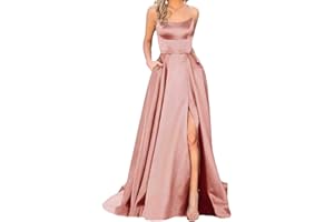 HAHAEMMA Elegancka długa sukienka damska, balowa, ślubna, wieczorowa, z kieszeniami, satynowa, o trapezowym kroju, wiązana na szyi, na cienkich ramiączkach, dla panny młodej, księżniczki, druhny