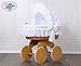 **BRAND NEW LUXURY NATURAL WICKER CRIB / MOSES BASKET / BASSINET WITH HOOD, SOLID WOODEN BASE, WHITE WITH LACE BEDDING SET + BRITISH MADE MATTRESS