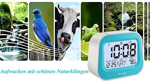 DreamSky Digitalwecker mit Naturklängen, Kinderwecker mit einstellbarer Schlummerzeit, Hintergrundbeleuchtung und AC Stecker, Blau - 6