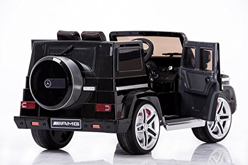 Kinder-Elektroauto Mercedes G AMG, schwarz lackiert, original lizenziert, batteriegetrieben, zwei Motoren, 12 V Akku, Fernbedienung, Weiche EVA Räder