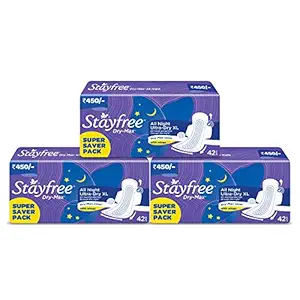 Stayfree Dry Max All Night XL Dry Cover Sanitary Pads For Women Combo offer, 3 x 42s (126 napkins)