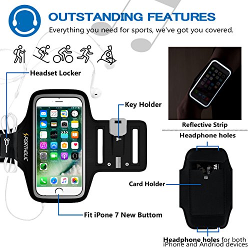 PORTHILIC Wasserfestes Sport-Armband iPhone,Android–LEBENSLANGE GEWÄHRLEISTUNG – Mit Schlüsselhalter, Kabelfach, Kartenhalter für iPhone 7/6/6S,Galaxy S7/S6/S5,iPhone 5/5S/SE bis 5.1 Inch (Schwarz) - 5