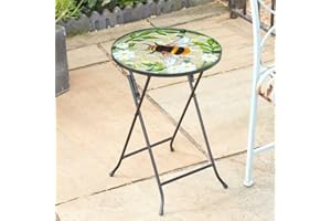 MARCO PAUL INTERIORS Marco Paul Glass Garden Side Table with Decorative Bee Top - Heavy Duty Metal Frame Outdoor Side Tables for Garden, Patio, Outdoor drinks table, Folding Bistro Table (Bee)