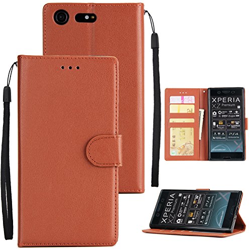 JHTC Xperia XZ Premium Case, Premium PU Leather Wallet Case,Slim Flip Folio Protective Phone Cover For Sony Xperia XZ Premium (Brown)