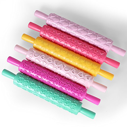SUNJAS 6tlg Teigrolle Musterrolle Prägerolle Nudelrolle mit Muster Farbenfrohe Tortenverzierung Kunststoff Fondant Kuchen Teig Backen Deko