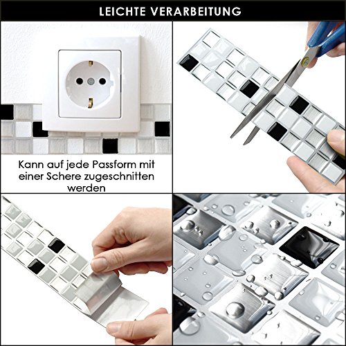 4er Set 25,3 x 5,4 cm Grandora Mosaik 3D Fliesenaufkleber W5194 selbstklebend Küche Bad Wandaufkleber Fliesendekor Folie schwarz weiß silber - 6