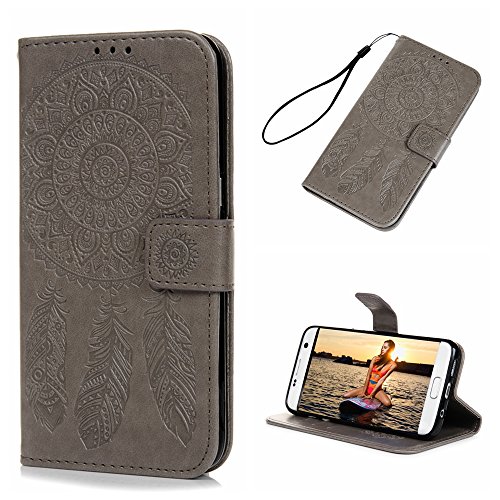 Badalink Für Samsung Galaxy S7 Edge Hülle PU Leder Lederhülle Tasche Case Cover Druck Campanula Totem Design Grau Gray Brieftasche Wallet Flip Case Schutz Etui Schale im Bookstyle mit Weich Handschlaufe Standfunktion Karteneinschub und Magnetverschluß für Samsung Galaxy S7 Edge Duos G935F 5.5" Premium Ledertasche