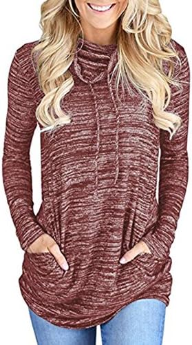 Ibelive Women's Long Sleeve Cofy Cowl Neck Space Dye Activewear Sweatshirt With Pockets (Red, L)