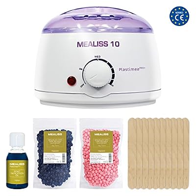 Plastimea Kit Epilation Tout en 1 Mealiss 10 – Épilation pro à domicile – Sans bandes - 1 Chauffe Cire capacité 500ml - Cire pelable visage / corps 200g - 10 spatules en bois - huile post-épilation nettoyante et apaisante 100ml