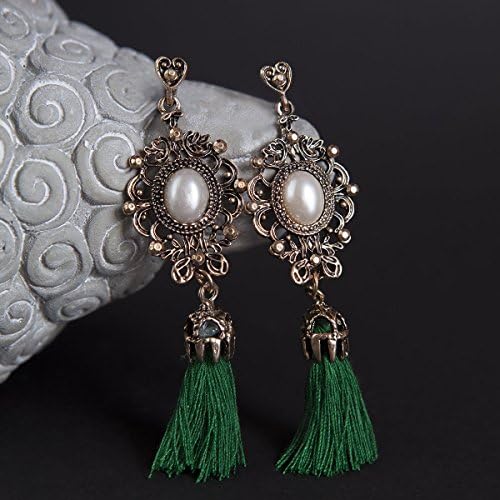 tassel vintage drop pearl earrings golden bronze metal in green