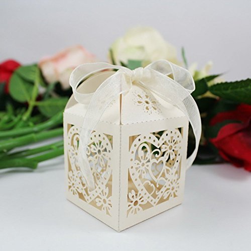 Veewon 50pcs Herz schneiden Süßigkeiten-Boxen Geschenktüten Mit Band Hochzeitsfest Bevorzugung Tischdekoration (Beige) - 4