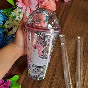 Gini n zuzu Unicorn Glitter Sipper Plastic with Straw Water Bottle Thermos for Kids (Transparent_500 ml_Pack of 1)Multicolor