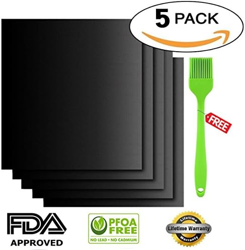 Grill Mat Set of 5 with Basting Brush BBQ Mats Oven Liners Baking Mats Non Stick FDA Approved, PFOA Free Reusable and Easy to Clean Works on Gas Charcoal Electric Grill Size 15.8 x 13 Inch(40 x 33 cm)