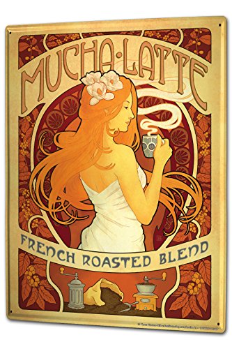 Blechschild XXL Fun Küche Nostalgie Mucha Latte französisch Kaffemühle Blumenmädchen