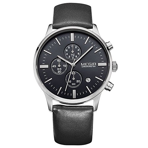 Megir Herren Chronograph Armbanduhr, schwarzes Lederband, wasserdicht, Silber, Quarz Megir Herren Chronograph Armbanduhr, schwarzes Lederband, wasserdicht, Silber, Quarz