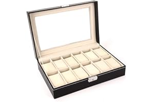 autumndeer Watch Box-12 Mens Watch Organizer Jewelry Display Case, Collection Jewelry Box Storage, Lockable Watch Case Bracelet Tray with Glass Top Faux Leather