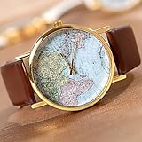 Schöne Uhren, Unisex Weltkarte style watch / Jahrgang Weltkarte / Antiken-Weltkarte / Damenuhr / women Premium-Kunstleder-Armbanduhr ( Farbe : Braun )