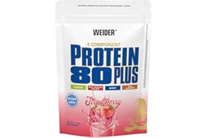WEIDER Protein 80 Plus multicomponenti, Fragola, proteine in polvere per shake cremosi, mix di proteine del siero di latte, caseina, proteine isolate latte e uovo, pochi grassi e zuccheri, 1x500g