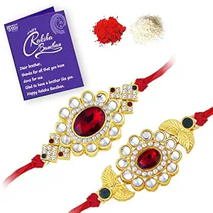 Sukkhi Elegant Gold Plated Designer Floral Rakhi Combo (Set of 2) with Roli Chawal and Raksha Bandhan Greeting Card For Men (CB73444)