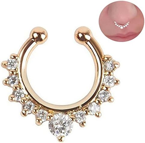 1Pcs CZ Zircon Fake Septum Clicker Nose Hanger Ring Non Piercing Clip On Jewelry (Gold Color)