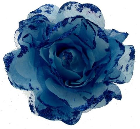 Acosta - Large Blue Organza &amp; Glitter Rose - Fabric Flower Corsage Brooch / Elastic Band / Hair Accessory