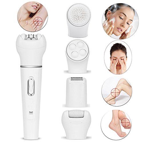 [ 5 in 1 ] Epilator Hair Removal Kit Cordless Rechargeable Lady Shaver Wet and Dry +Face Cleansers Sonic Skin Cleansing System +Pedicure Hard Skin Remover + Massage Roller for Women Skin Care Speed-yy®