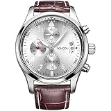 SONGDU Herren Armbanduhr Quarz Multifunktions-Edelstahl Uhrengeh?use braun Dornschlie?e Lederband Silber Zifferblatt Teller