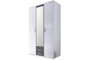 ‎STELLA TRADING Stella Trading HANAU Kleiderschrank mit Spiegeltür in Weiß, Graphit - Vielseitiger Drehtürenschrank 3-türig für Ihr Schlafzimmer - 120 x 196 x 54 cm (B/H/T)