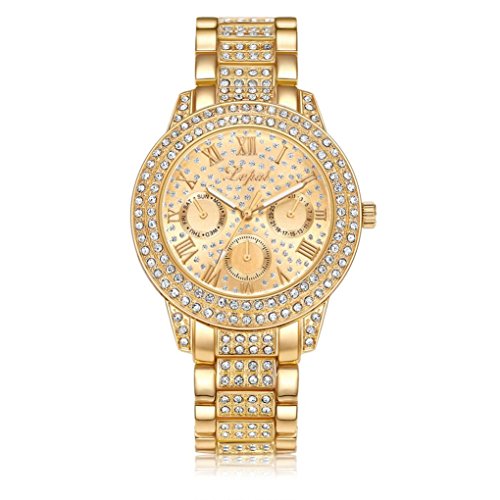 Preisvergleich Produktbild Hunpta Mode Damen Frauen Unisex Edelstahl Strass Quarz-Armbanduhr (Gold)