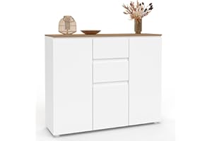 IDMarket - Aparador Toby de 100 cm, 3 puertas, 2 cajones, blanco con tablero de madera