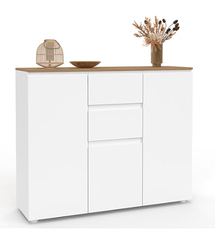 Credenza ELIGHT 110 Cm IDMarket - 3 Ante, LED A 16 Colori, Nicchie, Bianco E Legno Faggio