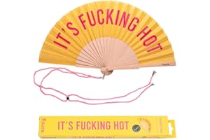 Fisura - Origineller Handfächer mit der Botschaft "f*cking hot". Moderner und lustiger Holzfächer. Gelber und rosa Fächer. Maße: 42,5 x 23 cm. Holz und Textil.