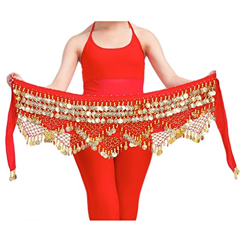 YiJee Profesional Multi-Row Lentejuelas Danza del Vientre Cinturón Rojo
