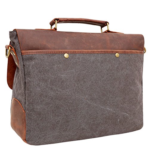 bupell Umhängetasche für Laptop und Akten aus echtem Büffel-Leder und Canvas – Für Notebooks bis 14″ – Unisex Vintage Messenger Bag, Aktentasche, Schultertasche, Notebooktasche – - 3