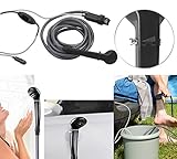 Stromversorgung per 12-Volt-Kfz-Anschluss • Flexibel dank 5 m langem Stromkabel • Tauchpumpe mit 2,2 m langem Wasserschlauch • Wasserstärke direkt am Duschkopf regulierbar • Anbringung per Saugnapf oder Aufhänge-Haken