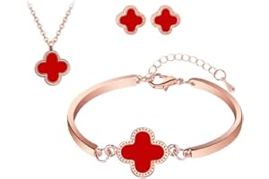 TOFBS Four-Leaf Clover Jewellery Set for Women Girls 18K Rose Gold Plated Double-sided Four-Leaf Clover Pendant Necklace Stud Earrings Bracelet Set Dainty Enamel Jewellery Set (Rose Gold*Red)