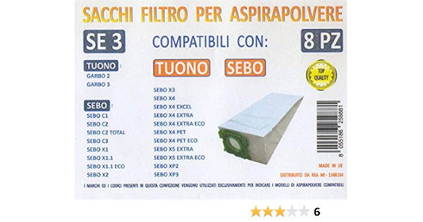 MFSE3 CONF 8PZ Sacchi SEBO Tuono Compatibile con I Modelli INDICATI nella  Foto : Amazon.it: Casa e cucina