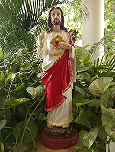 Breeze Handicrafts Imported Poly Marble Christian Idol Showpiece Sacred Heart Jesus Statue for Home Decor Red Color Big Size One Feet [1]