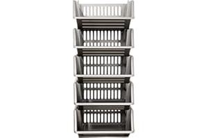 ZARVICZONIA Large Stacking Storage Baskets Veg Rack, Durable Plastic Stackers, Dimensions: 36 cm (L) x 30 cm (D) x 17.5 cm (H) (Grey, Pack of 5)