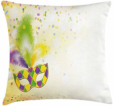 fringcoook Mardi Gras Throw Pillow Cushion Cover, Festival Mask with Decorative Feathers Colorful Dots Confetti Party, Decorative Square Accent Pillow Case, 18 X 18 Inches, Yellow Green Purple