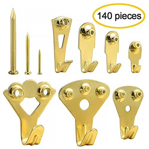 Kuuqa Picture Hooks Heavy Duty Picture Hangers Golden Picture Frame Mount Hanging Kit for Wall and Wood with Pin Nails 10-100 lbs? 140 Pieces