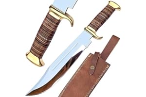 TATLA CRAFT Handmade Large Crocodile Dundee Bowie Knife with Leather Sheath Big Survival Fixed Blade Knife with Leather and Horn Handle for Outdoor Camping Knives For Men