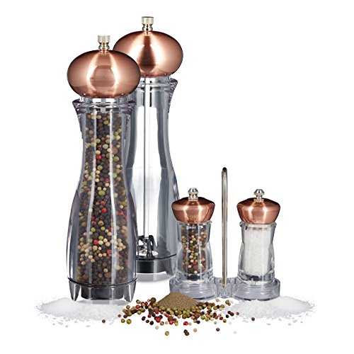5 teiliges Pfeffermühlen Set, manuell, 2 große und 2 kleine Gewürzmühlen, mit Halter, Salzmühle mit Keramikmahlwerk, nachfüllbar, kupfer