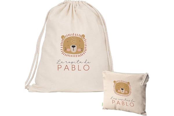 EVYRE | Pack Bolsa y Neceser | Mochila Infantil Personalizada Con Nombre | Mochila Niña/o + Neceser Bebe Guarderia | Mochila de Cuerdas Niño/a Algodón Orgánico | Bolsa Merienda Infantil | León