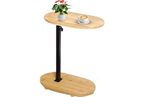 SEHAUSEU Tavolino Laterale Forma C Bambù Metallo Moderno Altezza Regolabile, Side Table, Tavolino Letto, Tavolino Divano, Tavolino Comodino, Tavolino Cura, per Soggiorno Camera da Letto Bagno