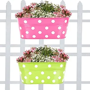 TrustBasket Set of 2 -Dotted Oval Railing Planter - (Magenta, Green)