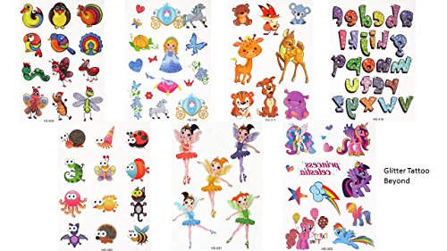 7 fogli con tatuaggi temporanei, con porporina, con motivo a forma di principessa, adatto come regalo per bambini